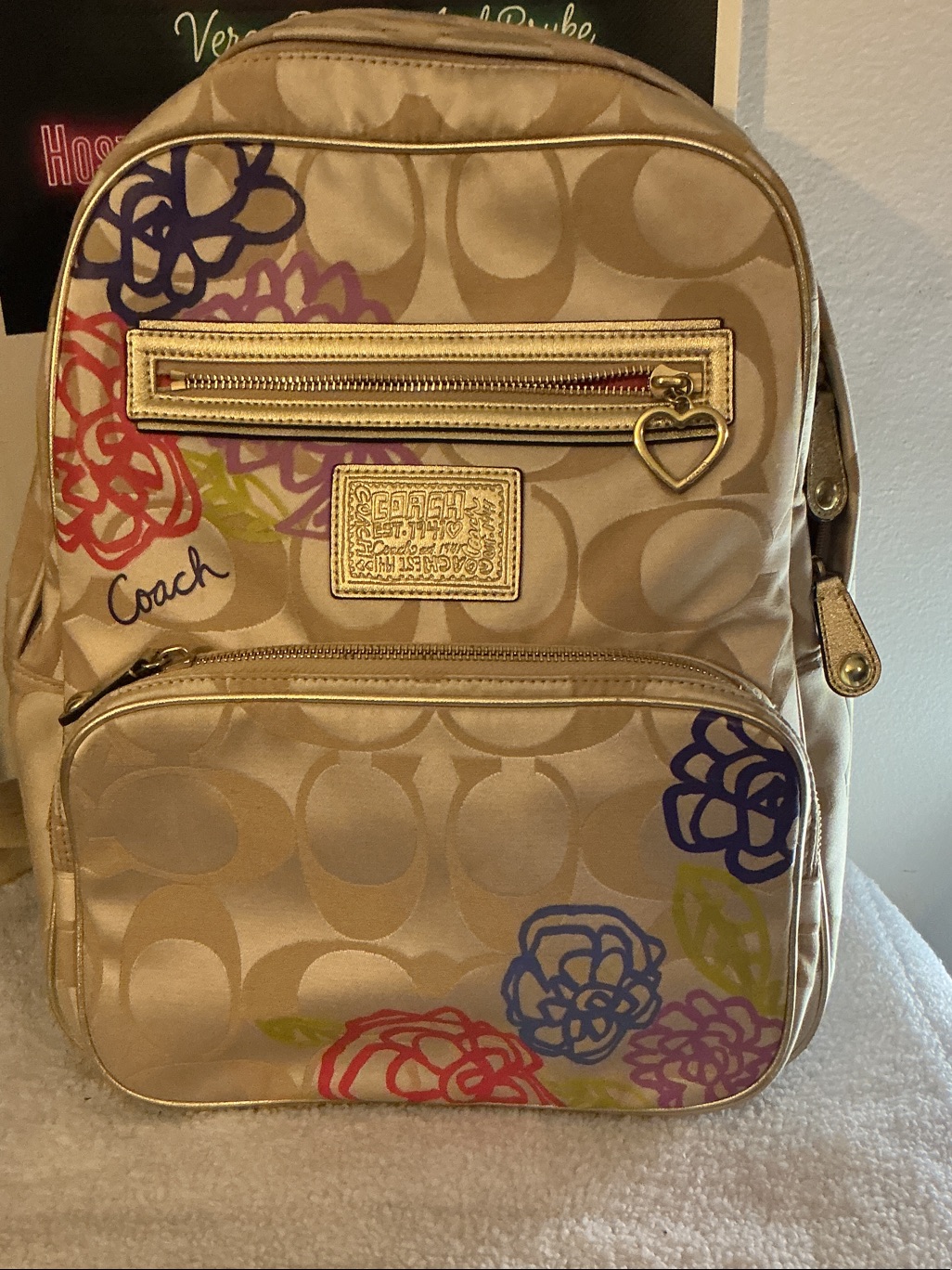Coach Poppy Gold Signature Floral Sketch Backpack With Multicolor Accents